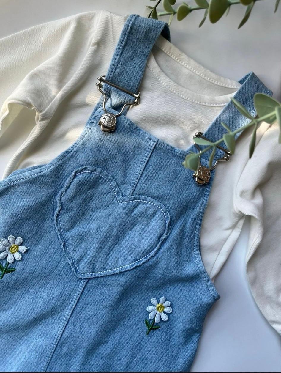Kız Bebek Papatya İşlemeli Kot Jile Elbise Tshirt - Mavi