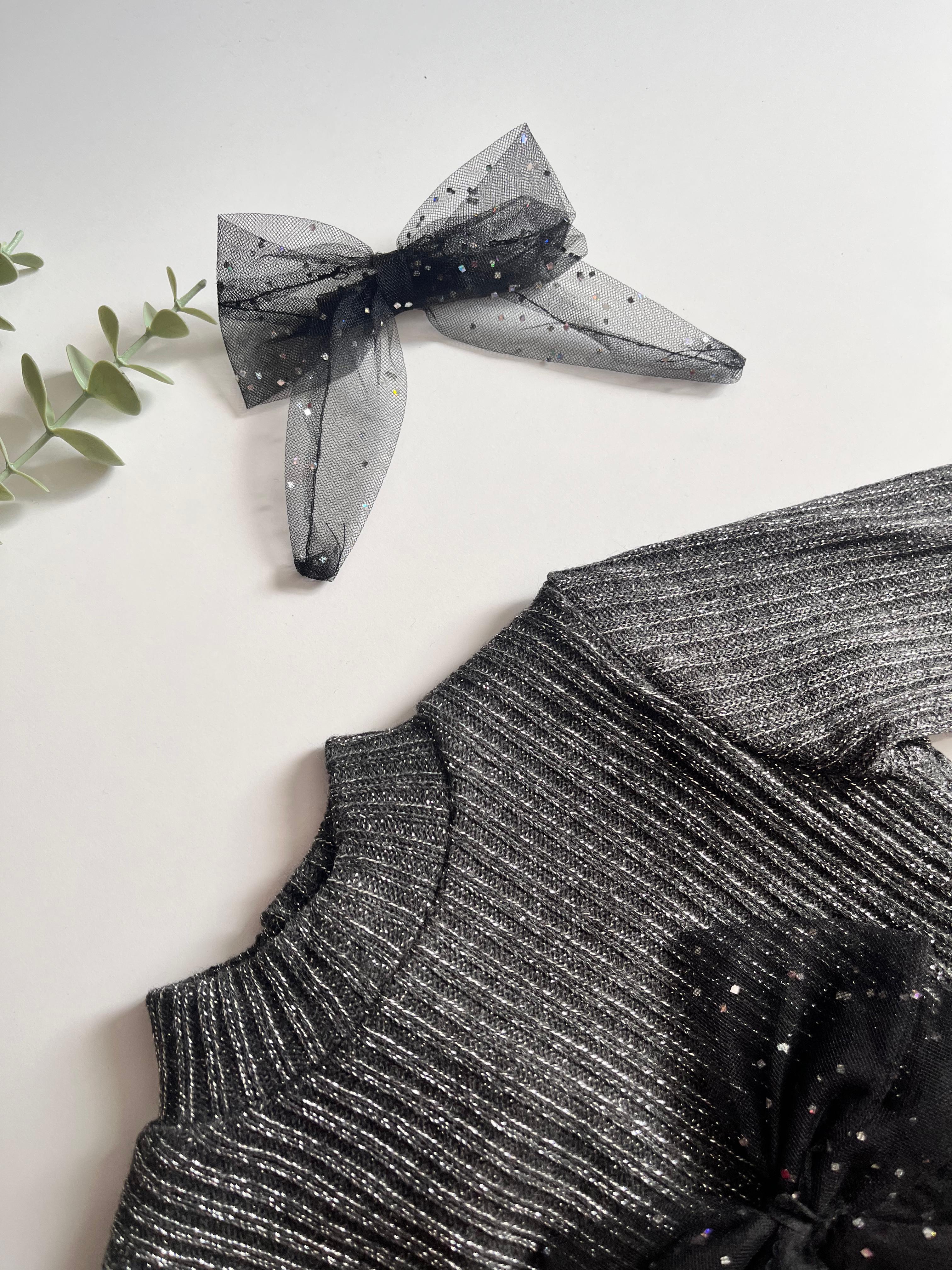 Simli Tül Etekli Triko Tül Tokalı Elbise - Siyah