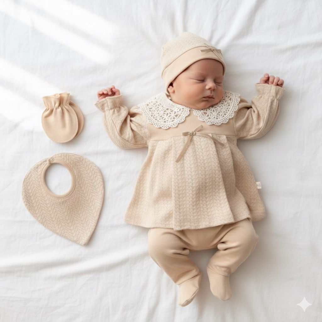 Kız Bebek Natalia Pamuklu 5'li Yenidoğan Hastane Çıkış Seti - Vizon