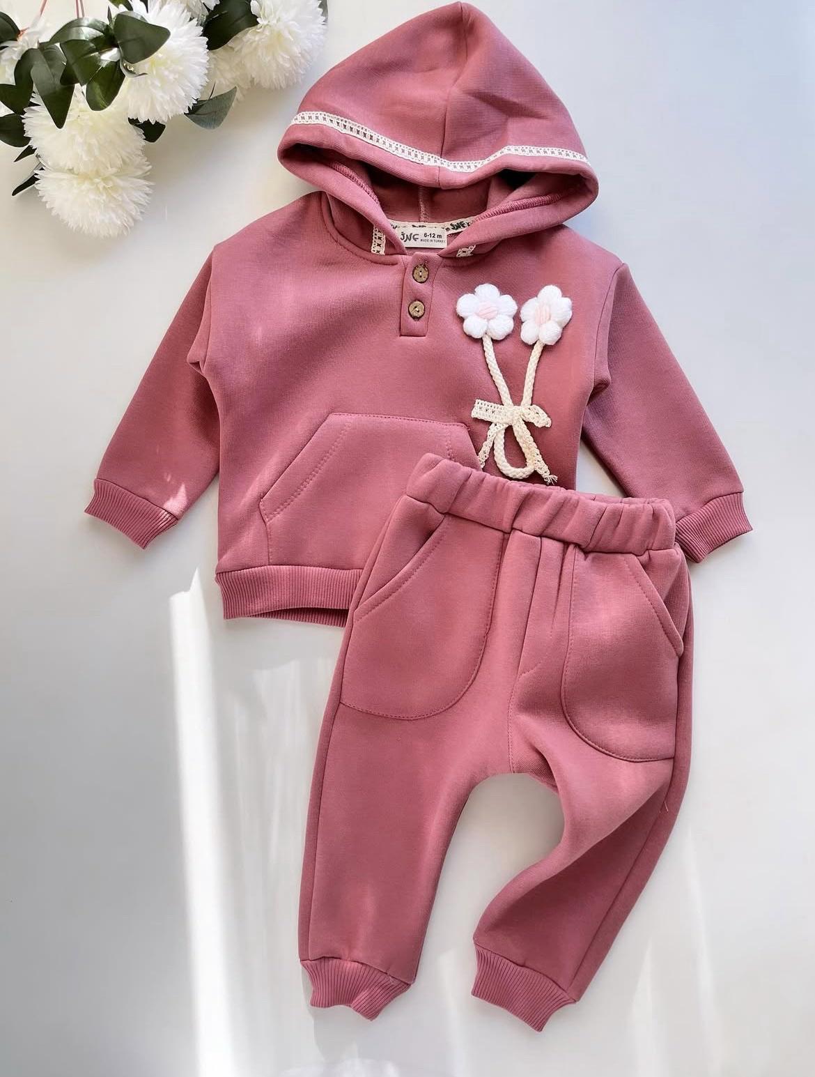 Kız Bebek Örme Papatyalı Dantel Detaylı Şardonlu Sweat Takım - Gül Kurusu