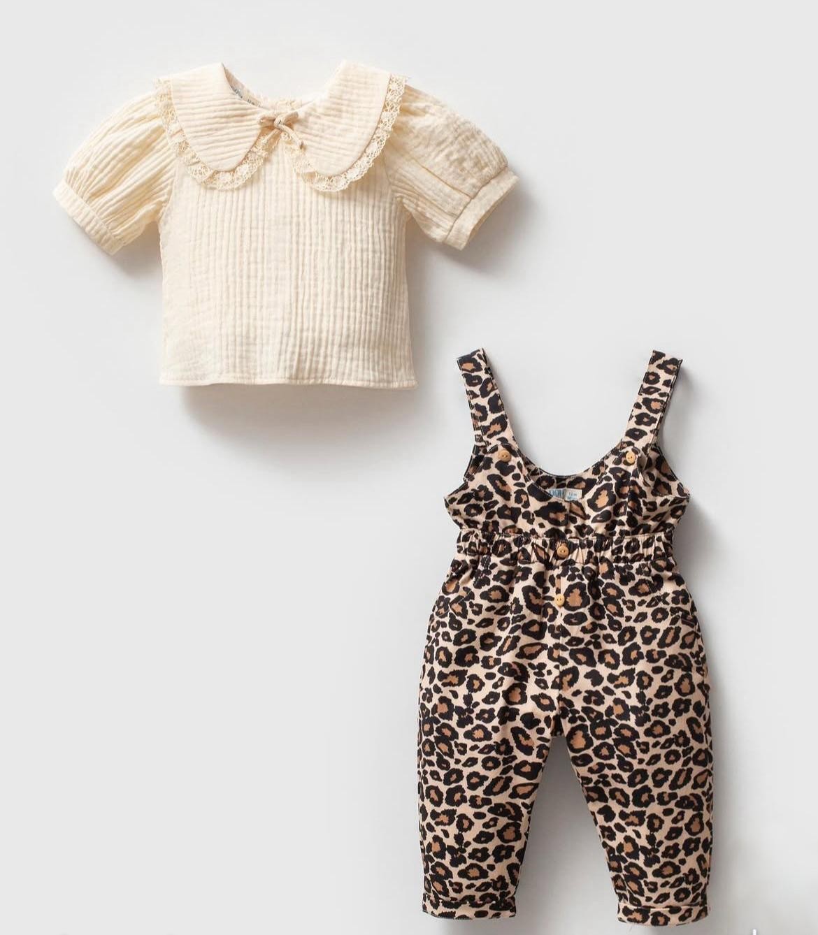 Bebe Yaka Leoparlı Salopet 2'li Set - Krem