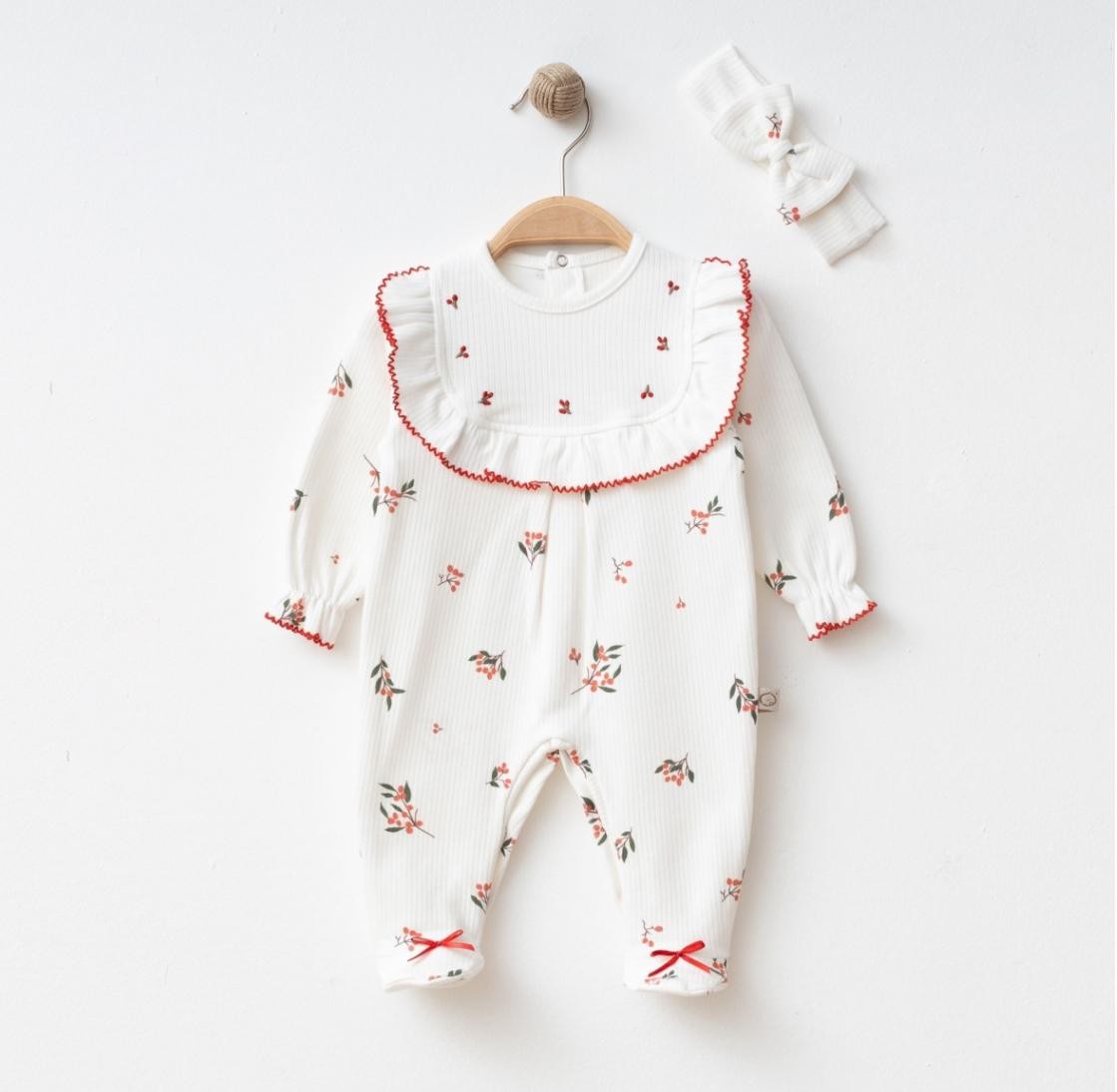 Kız Bebek Kokina Desenli Tulum Bandana Set - Ekru