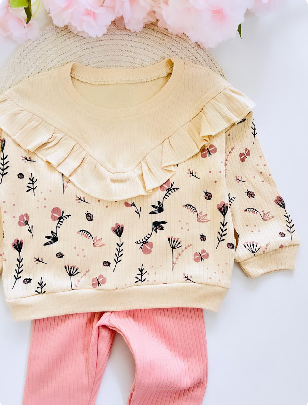 Kız Bebek Çiçek Detaylı Mevsimlik 2'li Takım - Pudra