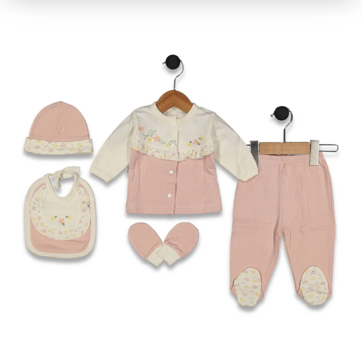 Kız Bebek Pamuklu Çiçekli Fırfırlı 5'li Yenidoğan Set 