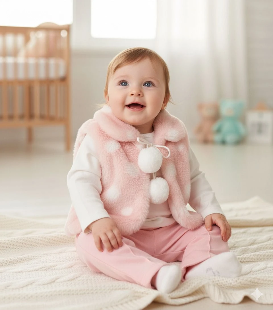 Kız Bebek Peluş Yelekli Tshirt Alt 3'lü Takım - Pembe