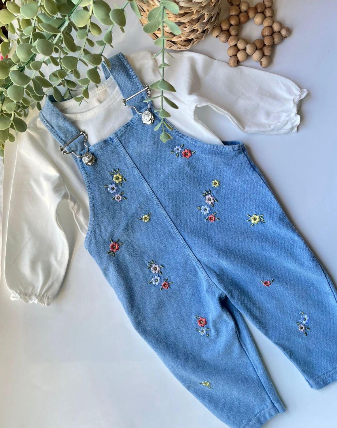 Kız Bebek Renkli Çiçek İşlemeli Salopet Tshirt 2'li Takım -Mavi