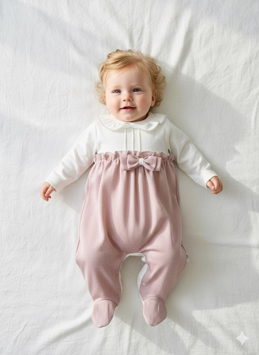 Kız Bebek Bebe Yaka Fiyonk Detaylı Tulum - Pembe