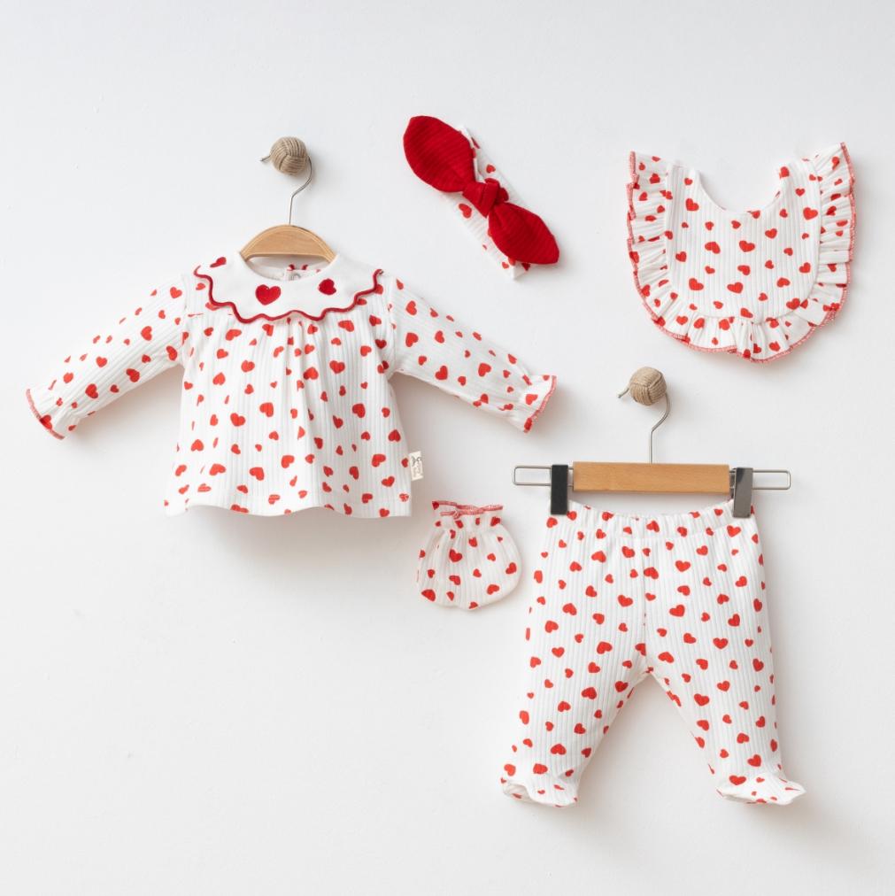 Kız Bebek Kalp Yaka Detaylı 5'li Yenidoğan Hastane Çıkış Seti - Ekru