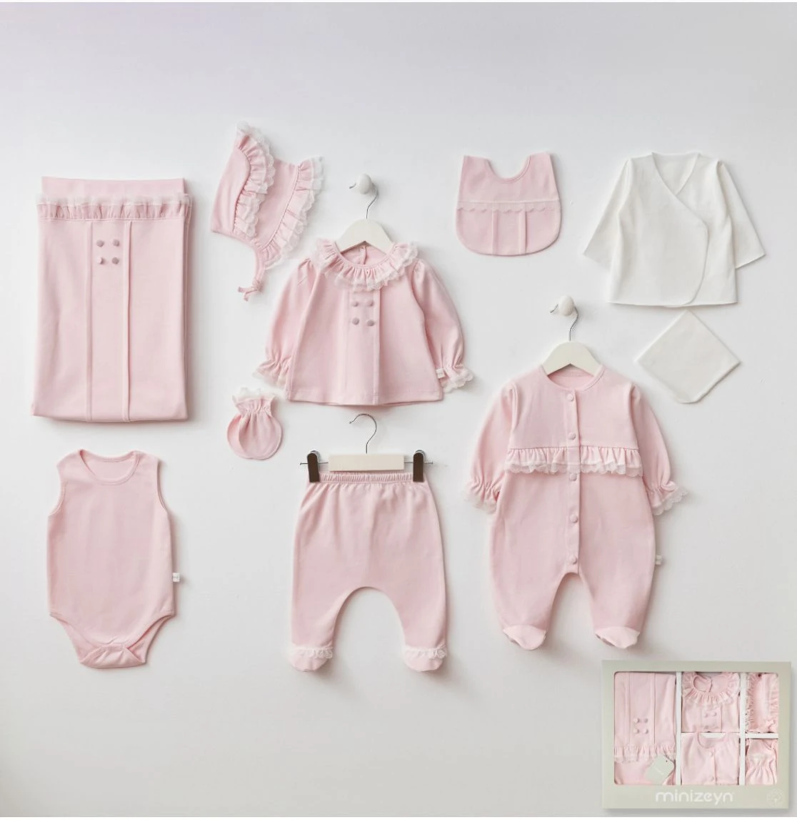 Elegant Pamuklu Tül Detaylı 10'lu Yenidoğan Hastane Çıkış Seti - Pembe 