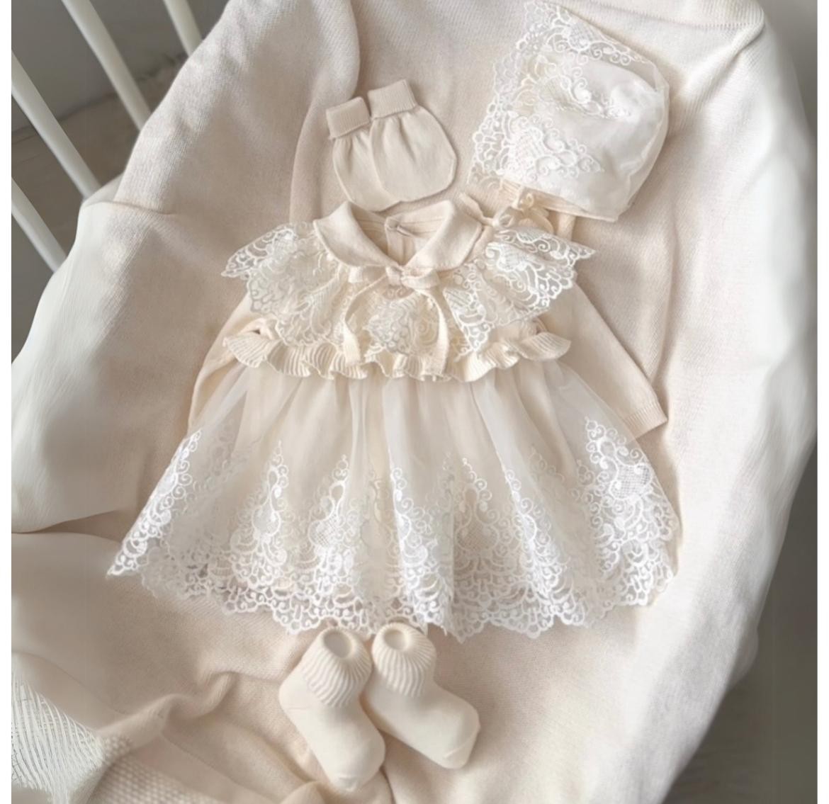 Premium %100 Pamuklu Lora Dantelli 5'li Set - Krem