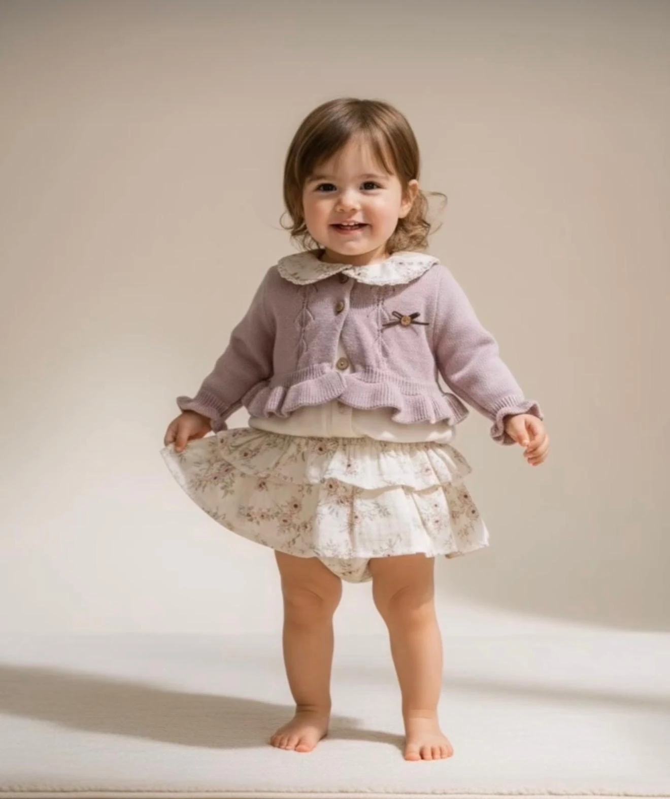 Kız Bebek Zarif Vintage Müslin Salopet & Keten Gömlek & Triko Hırka Set - Lila