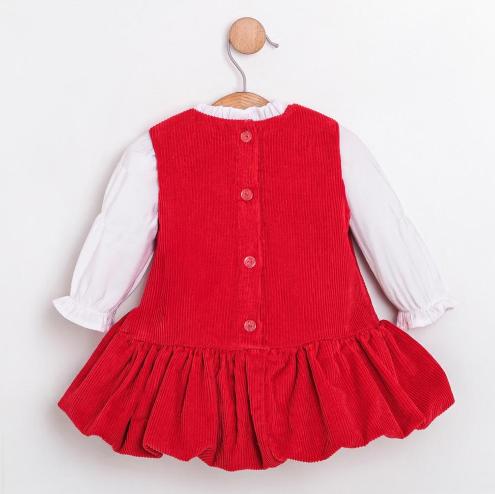 İlenıa Kız Bebek Kadife Fiyonk Detaylı Elbise Gömlek Set - Kırmızı