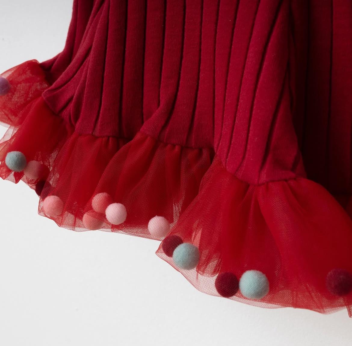 Kız Bebek Candy Ponponlu Puffy Elbise - Bordo