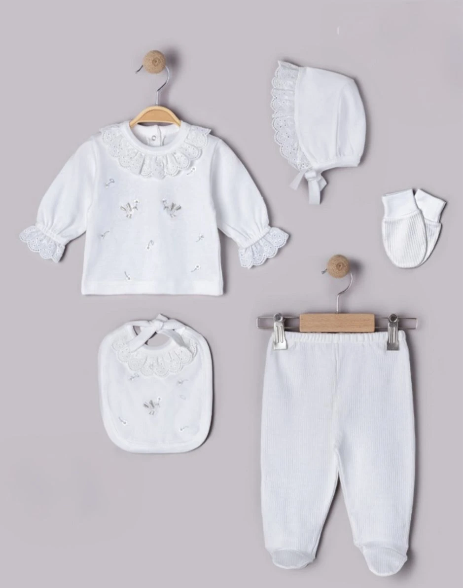 Kız Bebek Pamuklu Simli Kuş İşlemeli 5'li Yenidoğan Set