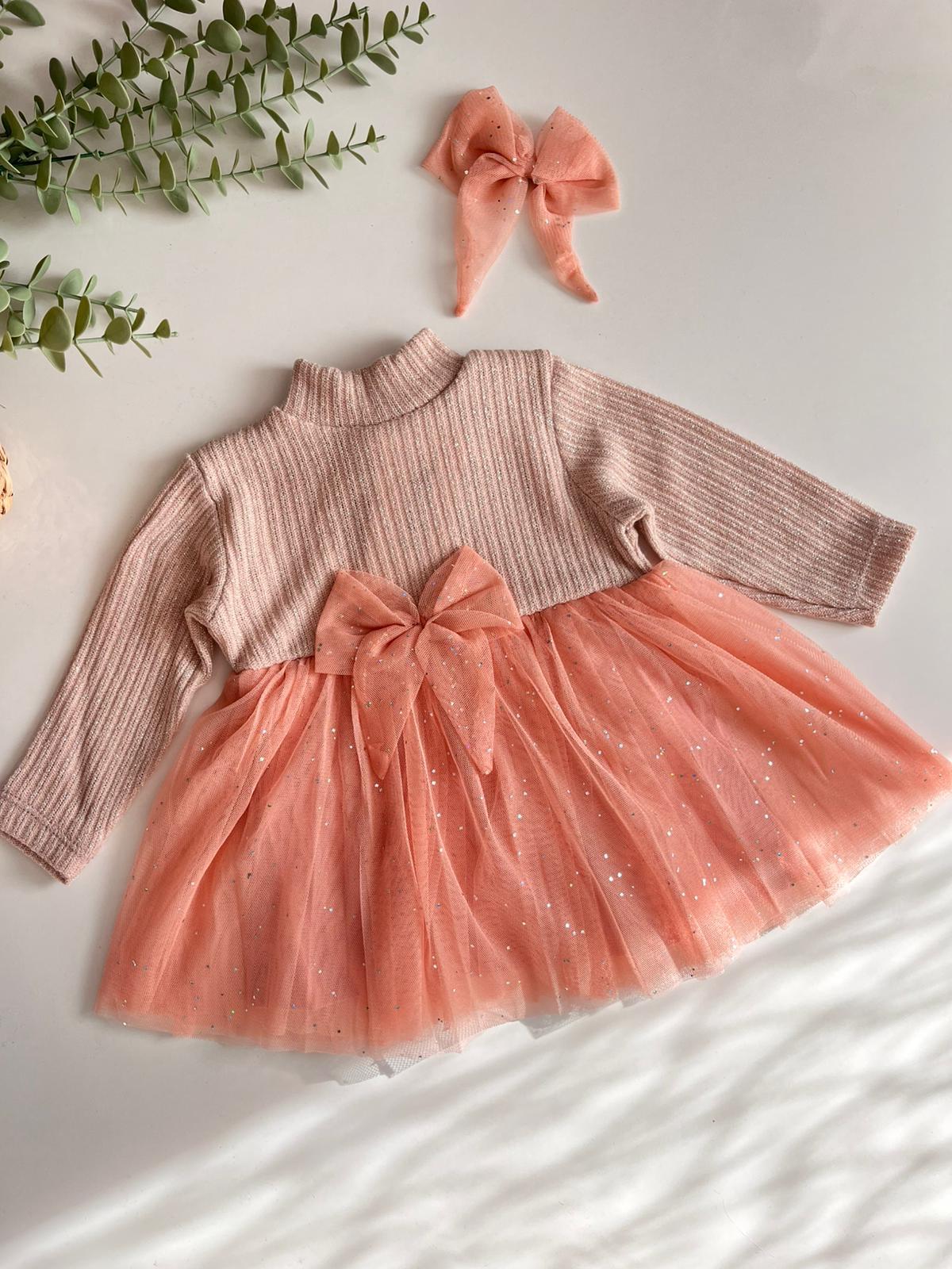 Simli Tül Etekli Triko Tül Tokalı Elbise - Pudra 