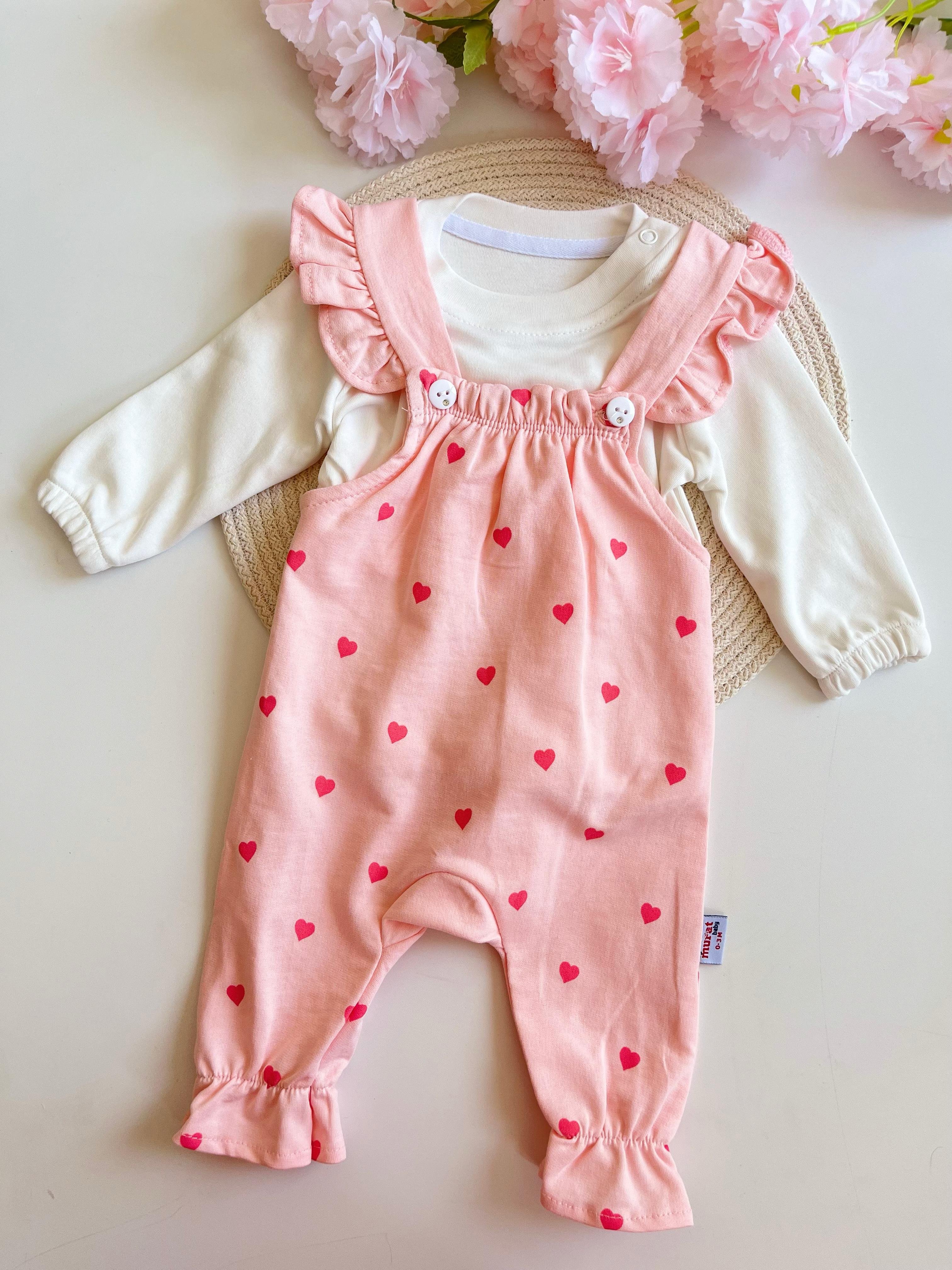 Kız Bebek Kalp Desenli Salopet 2'li Set