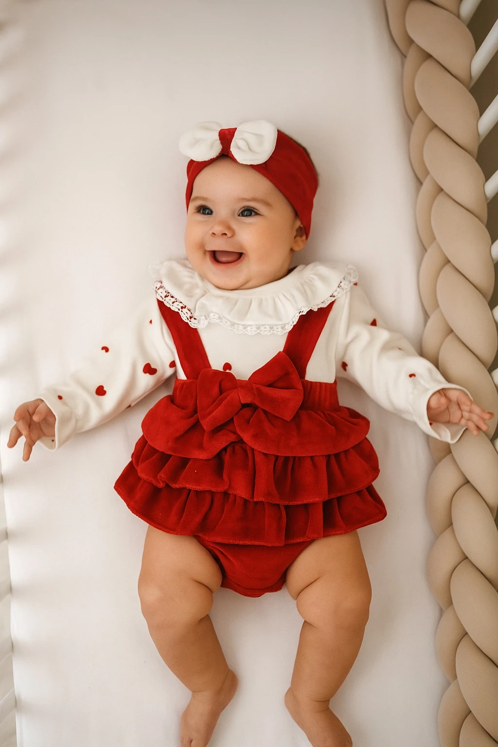 Kız Bebek Kadife Yaka Detaylı Kalpli Bandanalı  Set - Kırmızı