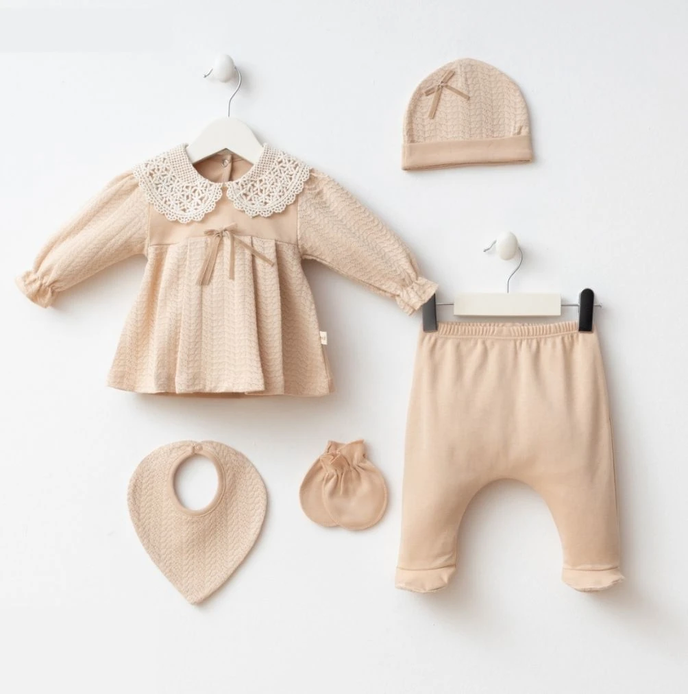 Kız Bebek Natalia Pamuklu 5'li Yenidoğan Hastane Çıkış Seti - Vizon