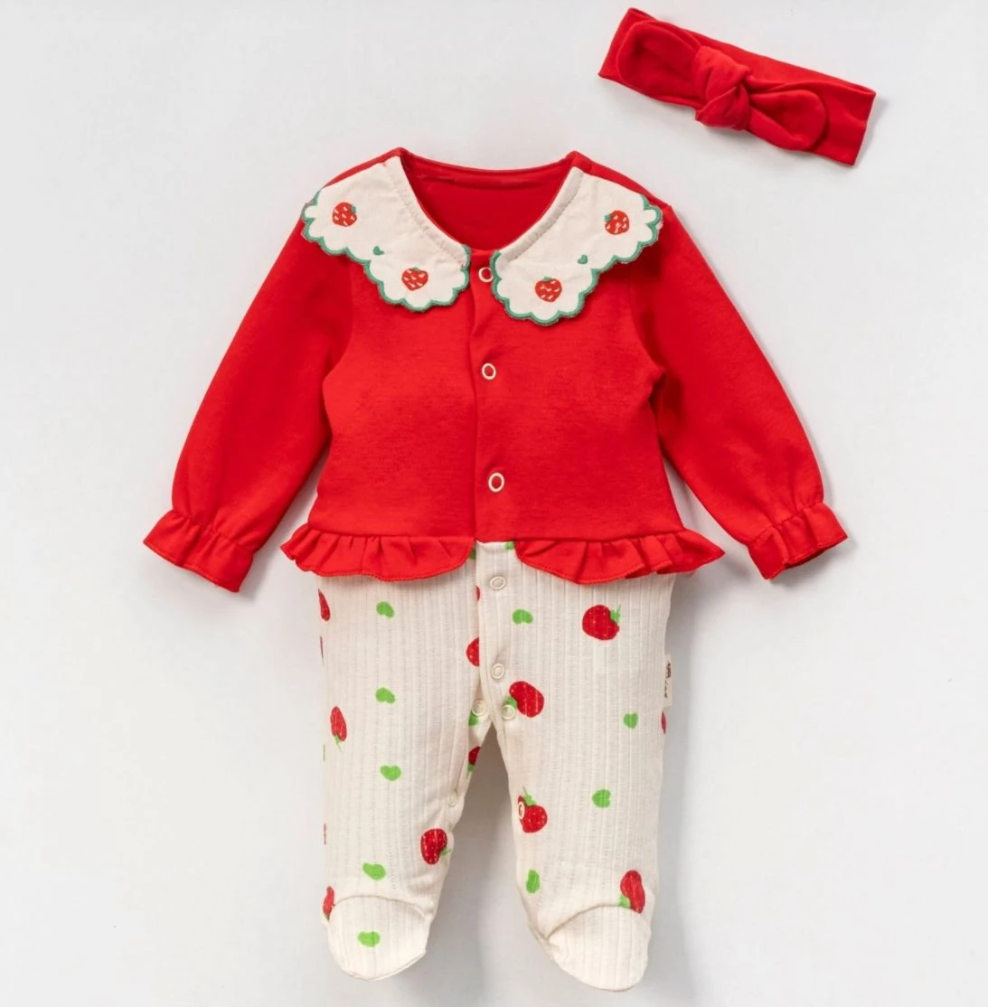 Kız Bebek Çilek Yaka Detaylı Tulum - Kırmızı