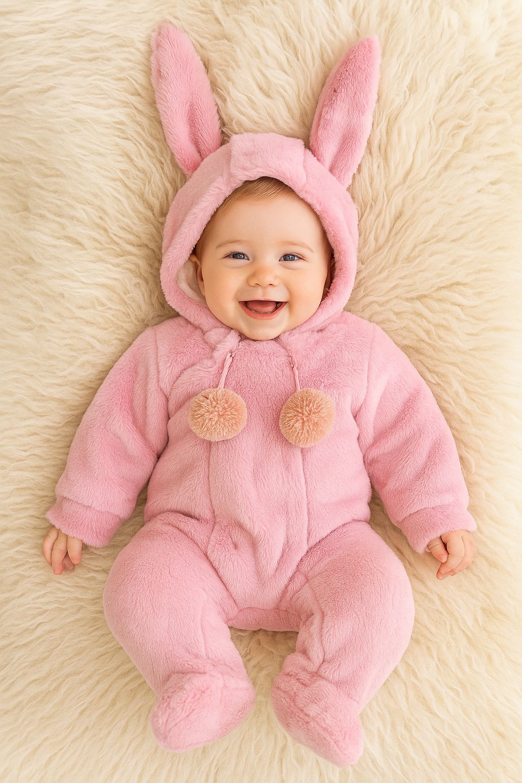 Tavşan Kulaklı Peluş Çift Fermuarlı İçi Astarlı Tulum - Pembe