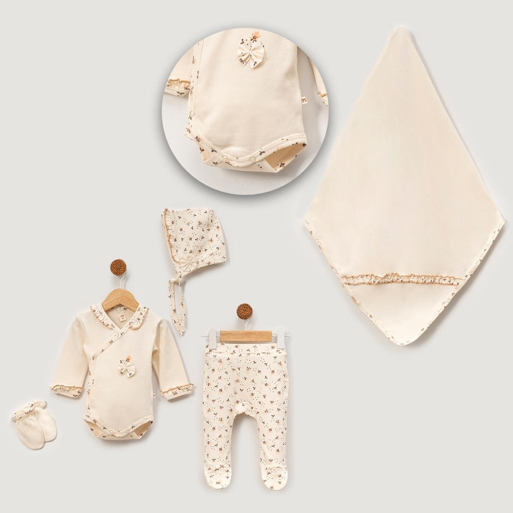 Kız Bebek Fırfırl Çiçek Detaylı Battaniyeli 5'li Set - Krem