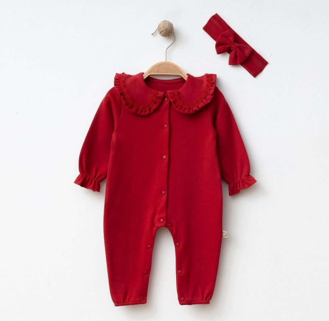 Pamuklu Yaka Çiçek İşlemeli Bandanalı Tulum