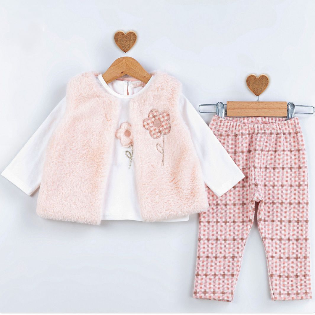 Papatya Nakışlı Peluş Yelekli 3'lü Takım - Somon