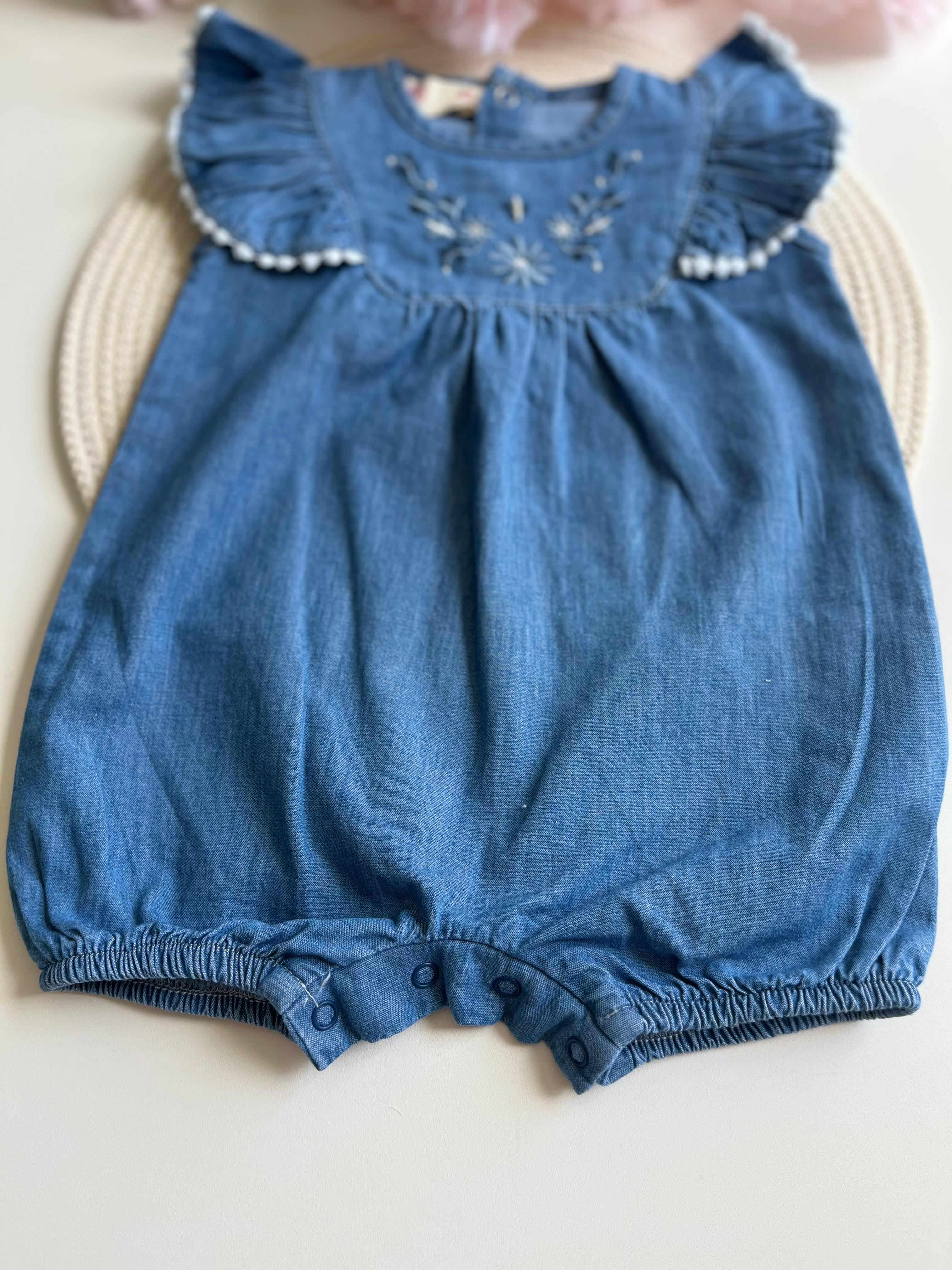 Kız Bebek Nakış Detaylı Kot Tulum 