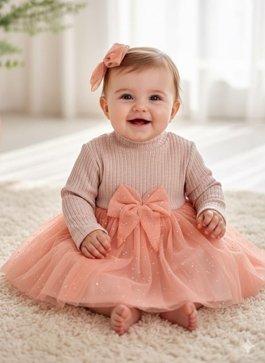 Simli Tül Etekli Triko Tül Tokalı Elbise - Pudra 