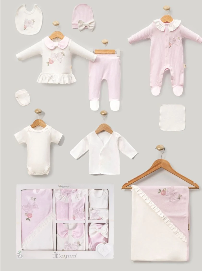 Kız Bebek Kelebek Nakışlı Yenidoğan Hastane Çıkş Seti - Pembe