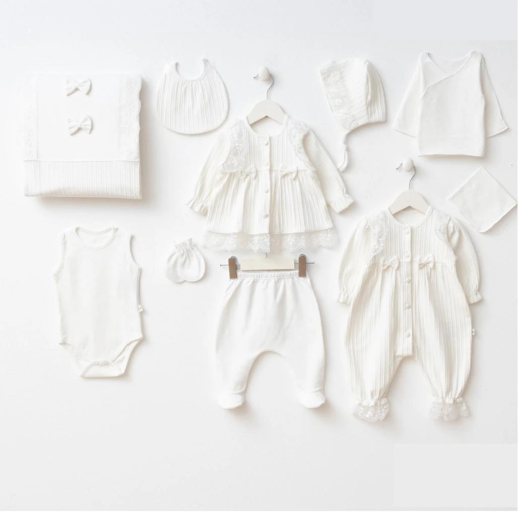 Kız Bebek Pamuklu Monalısa 10'lu Yenidoğan Hastane Çıkış Seti - Ekru