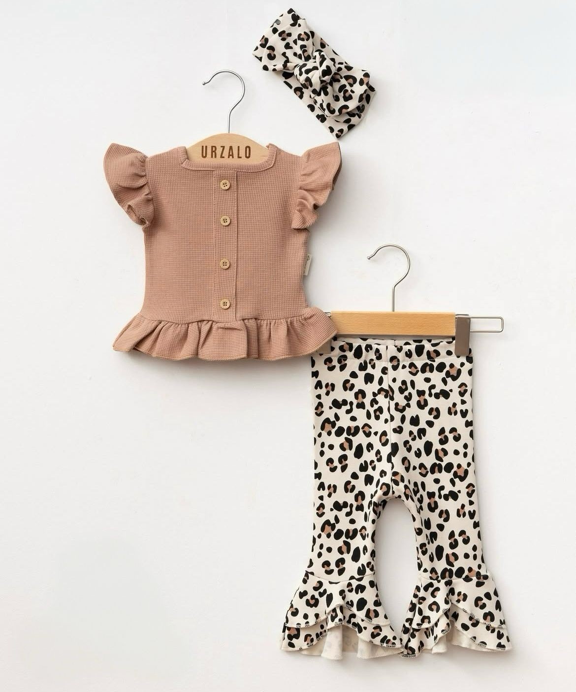 Kız Bebek Leopar Bandanalı Takım-Sütlü Kahve