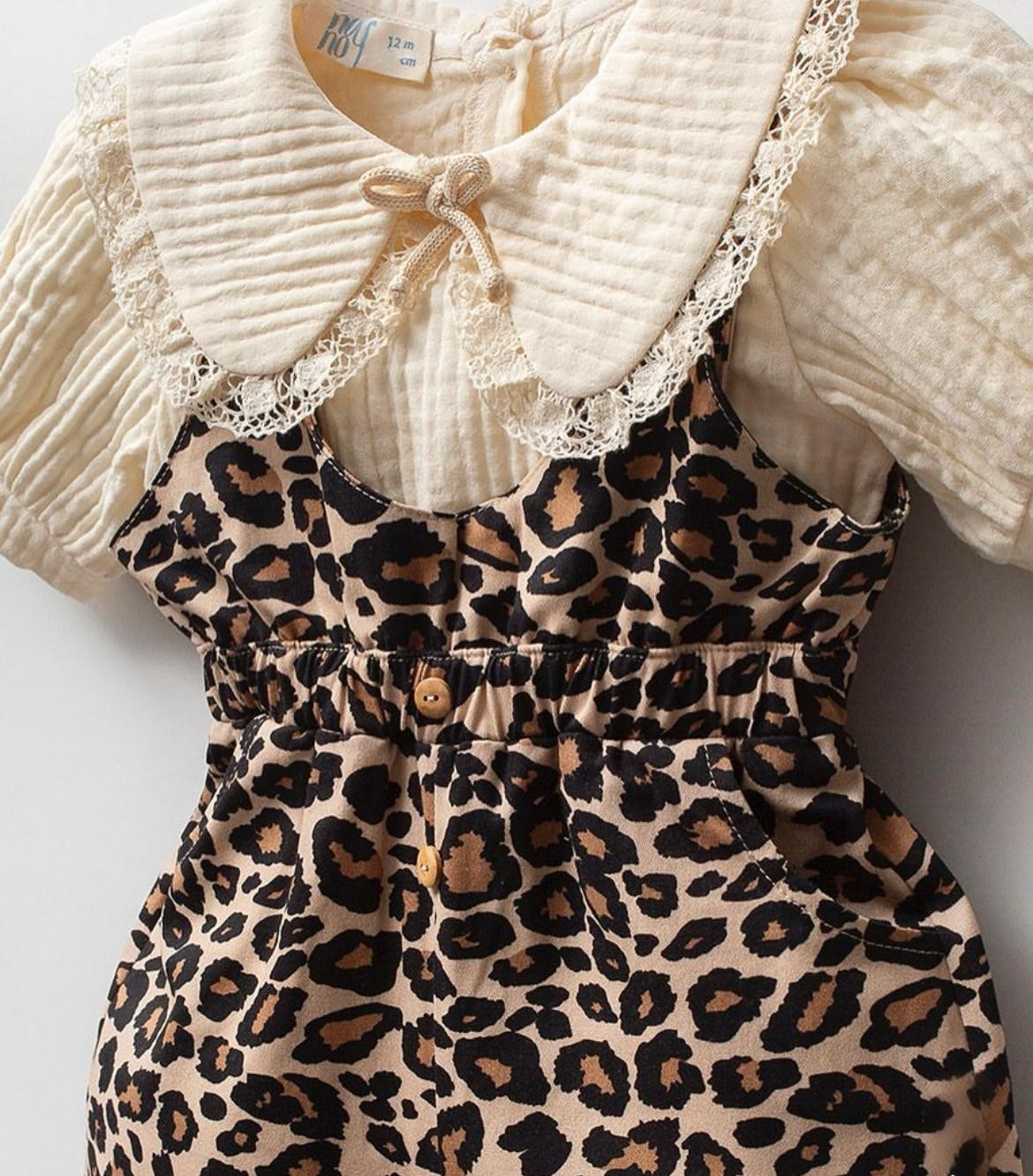 Bebe Yaka Leoparlı Salopet 2'li Set - Krem
