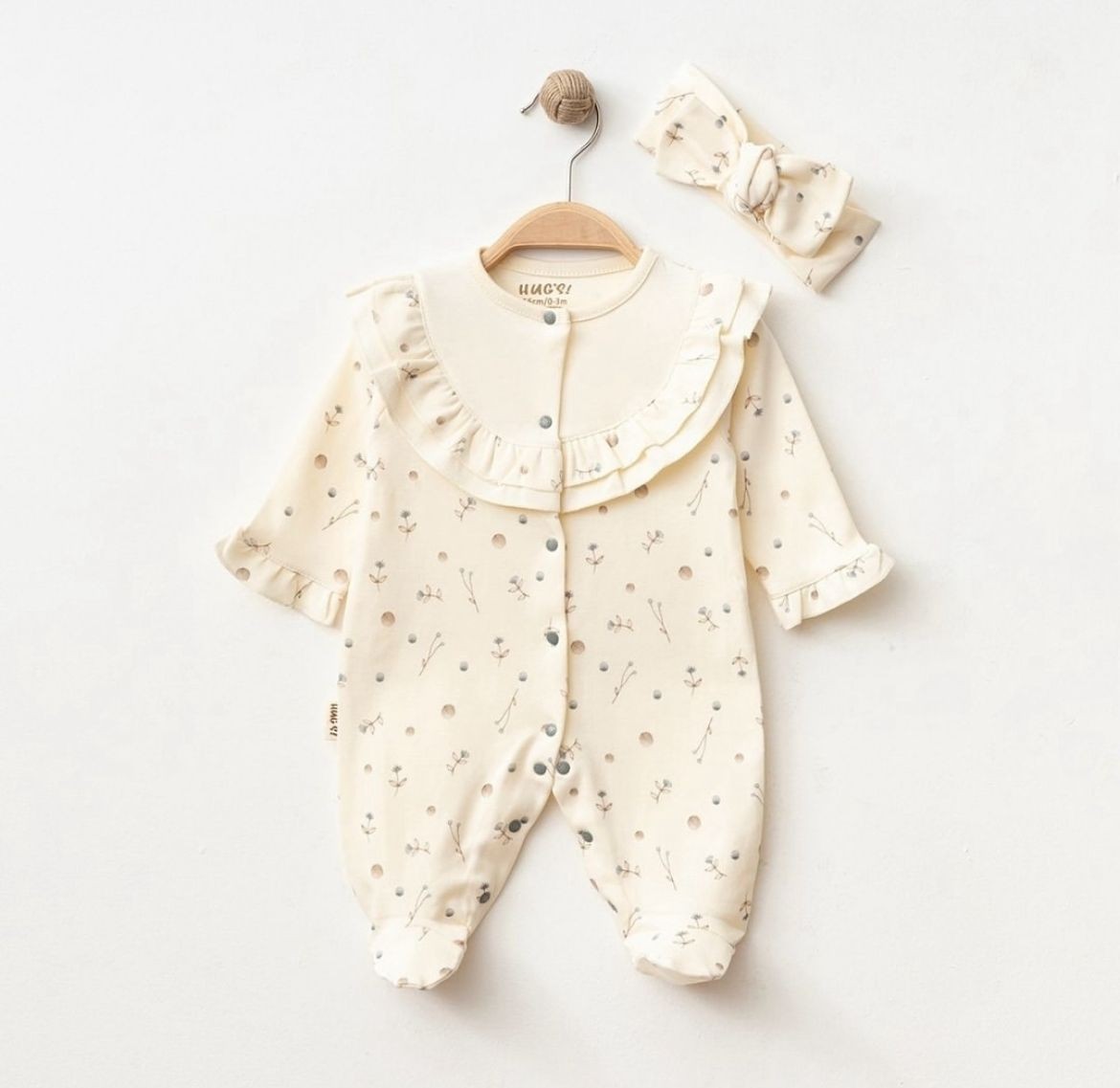 Kız Bebek Fırfırlı Tomurcuk Desenli Tulum Bandana Set -Krem