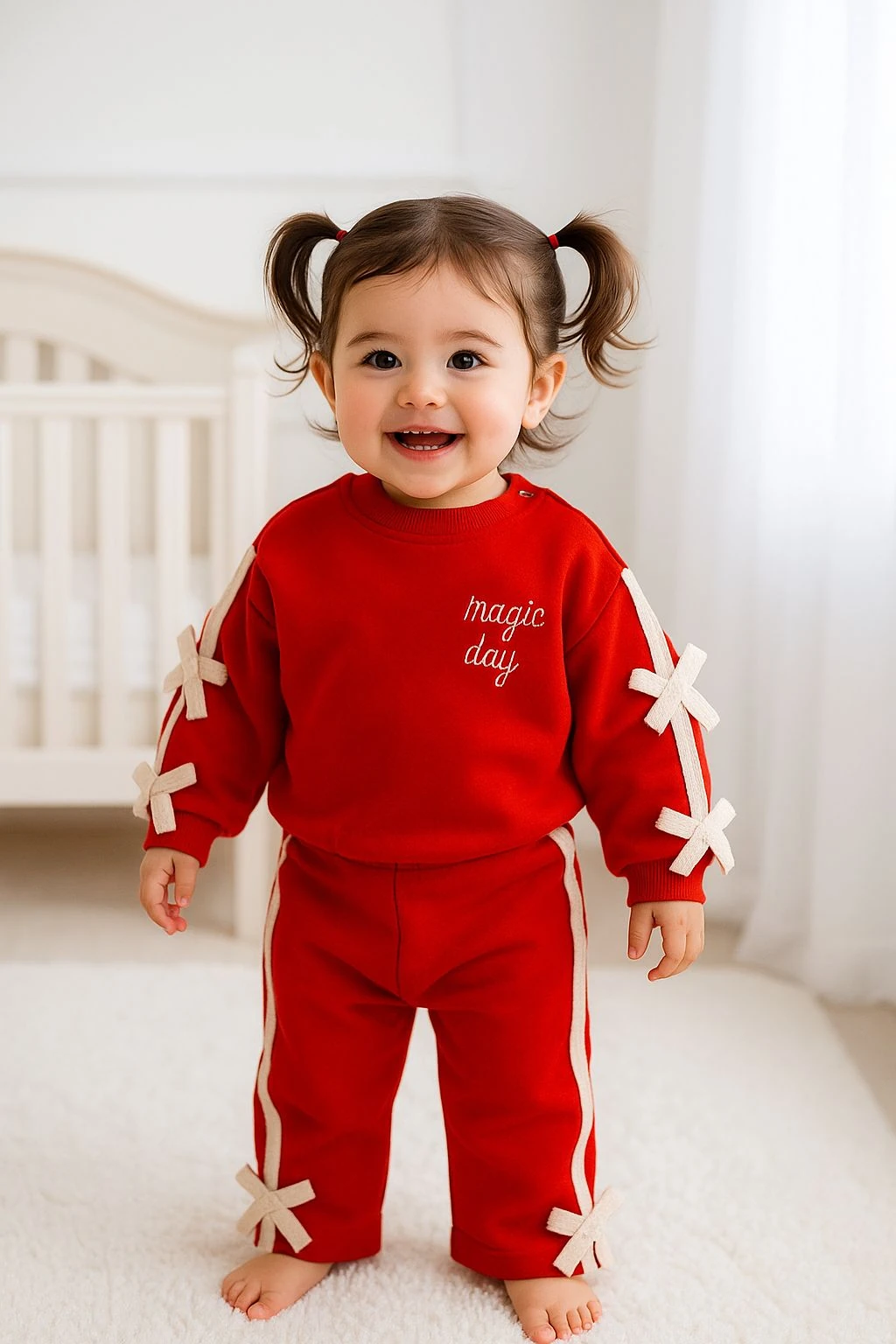 Kız Bebek Kurdele Kol Detaylı Takım - Kırmızı ( 1 beden büyük alınız )