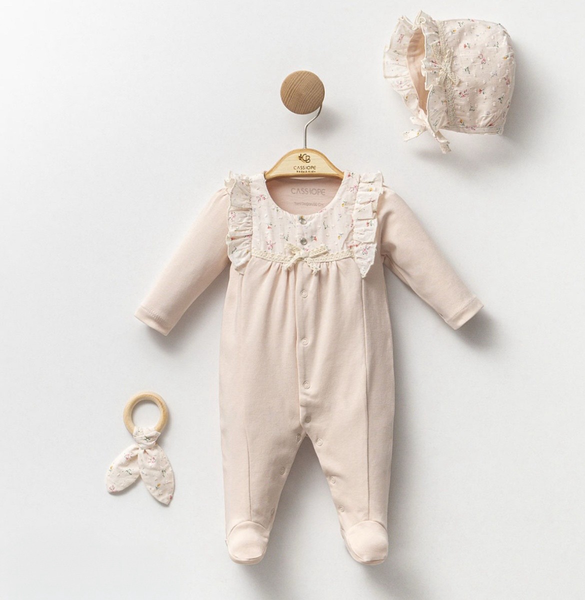 Kız Bebek Premium Bej Fistolu Diş 3 'lü Tulum Set