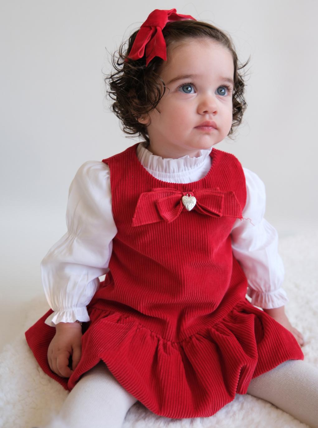 İlenıa Kız Bebek Kadife Fiyonk Detaylı Elbise Gömlek Set - Kırmızı