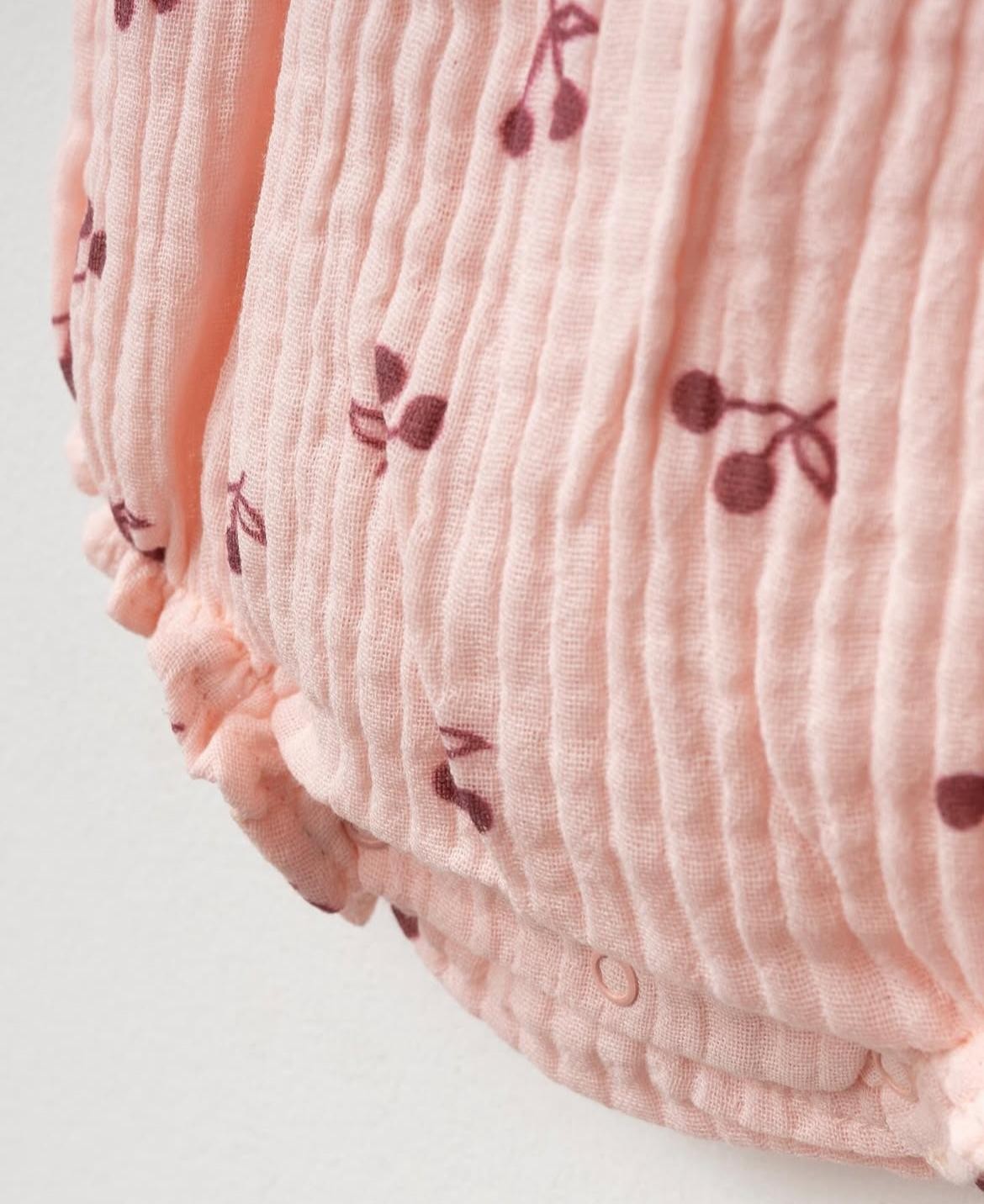 Bandanalı Müslin Kiraz Desenli Romper - Pembe