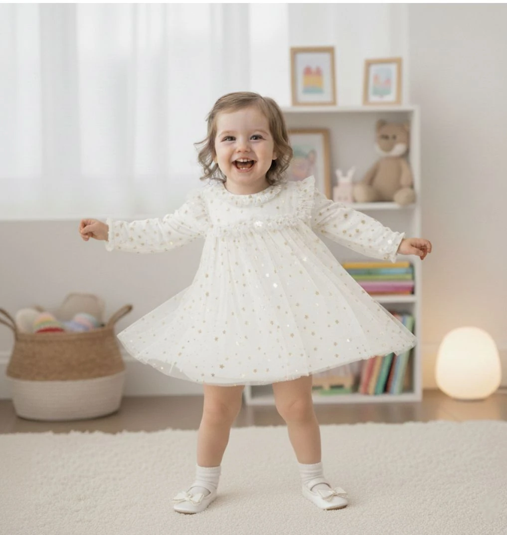 Kız Bebek Gold Yıldız Detaylı İçi Pamuk Penye Astarlı Tül Elbise - Ekru