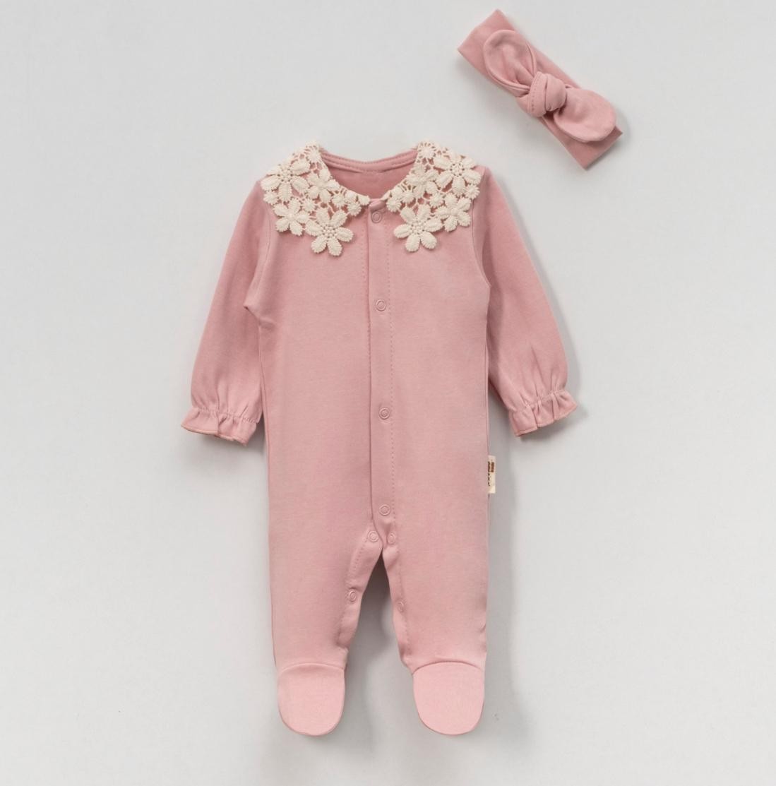 Kız Bebek Dantel Yaka Bandanalı Tulum - Pembe