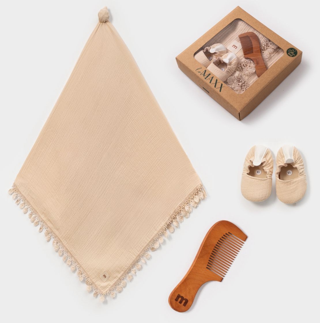 Unisex Müslin Battaniye Tarak Patik Set - Bej