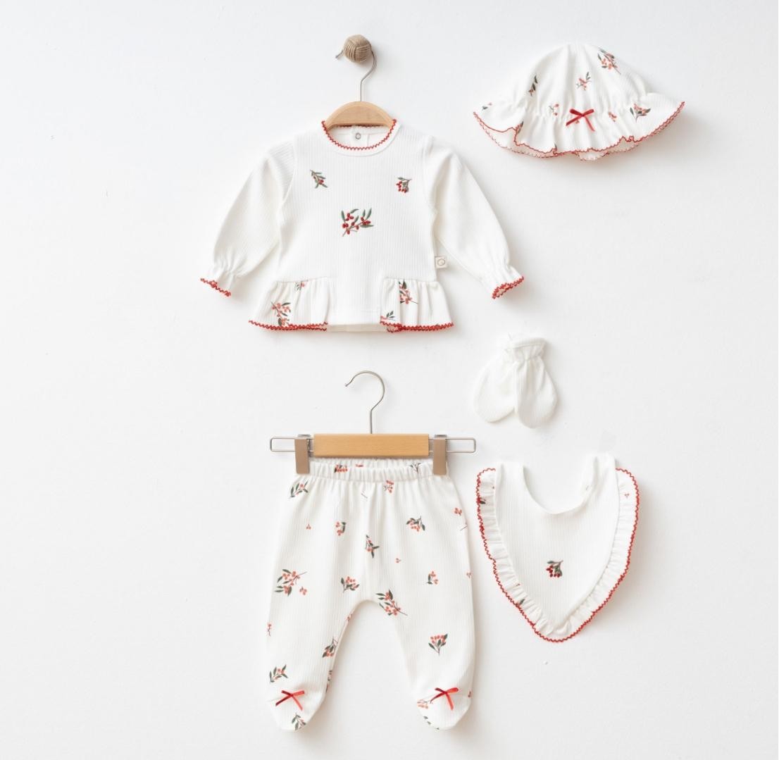 Kız Bebek Kokina Desenli 5'li Yenidoğan Set - Ekru