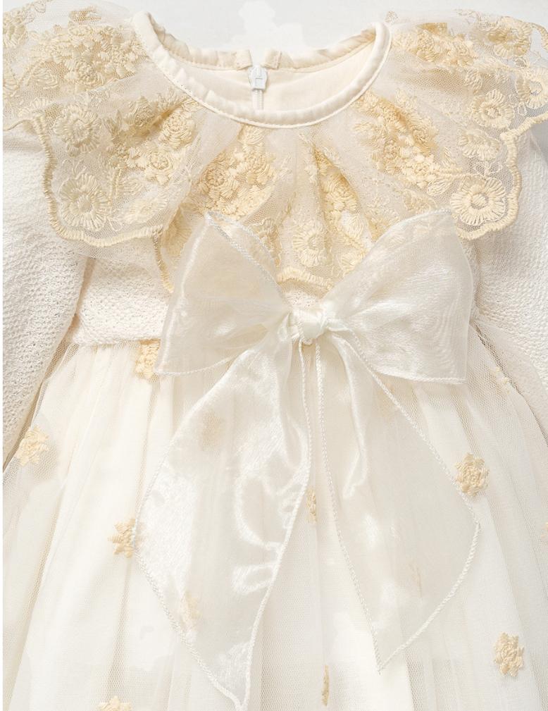 Fiyonk Detaylı Tüllü 4 Parça Elbise Set - Ekru ( Özel Kutulu )