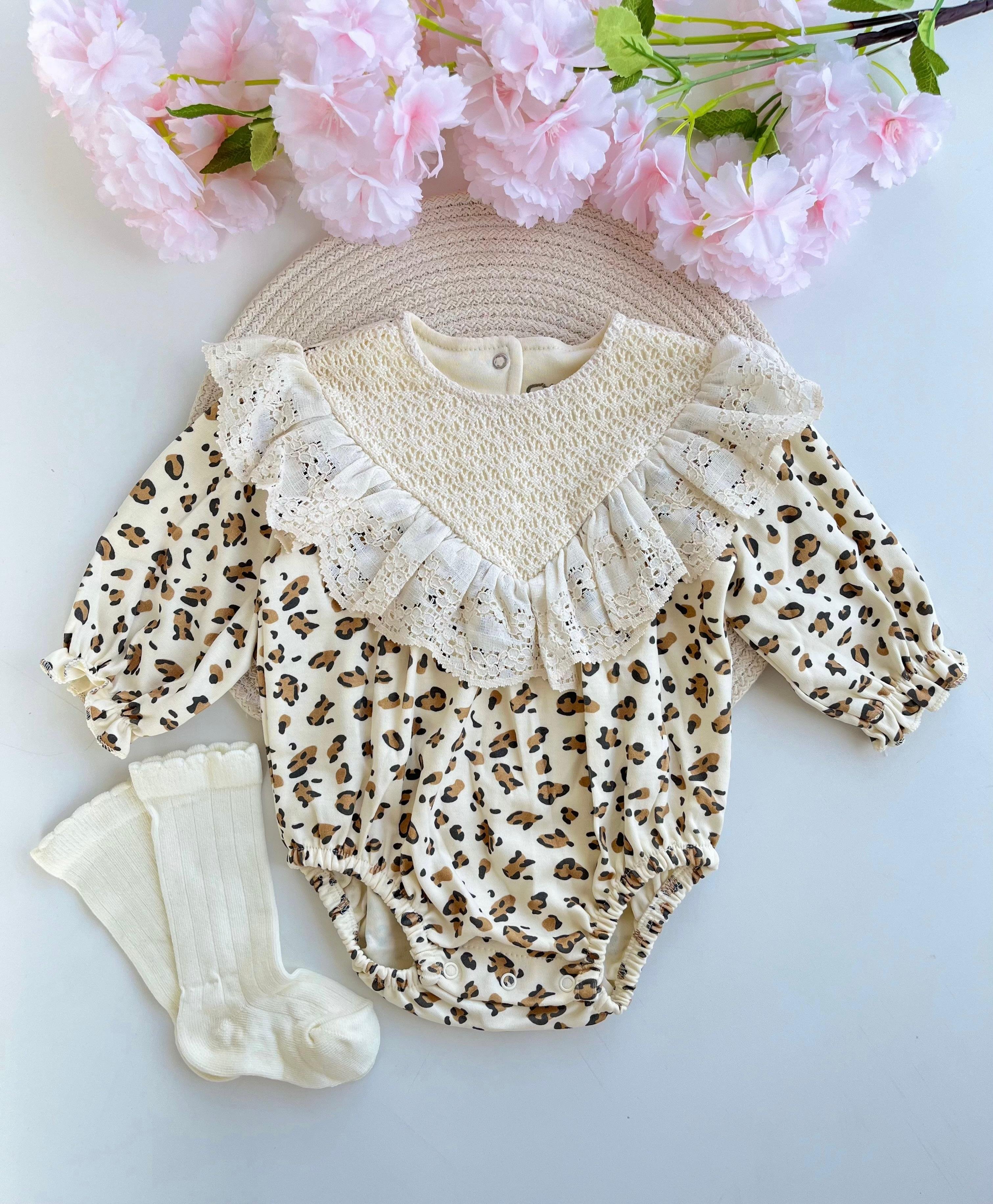 Kız Bebek Leopar Güpür Detaylı Romper