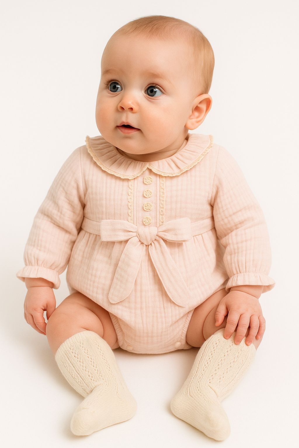 Kız Bebek Fiyonk Detaylı Çoraplı Müslin Romper Set - Pembe