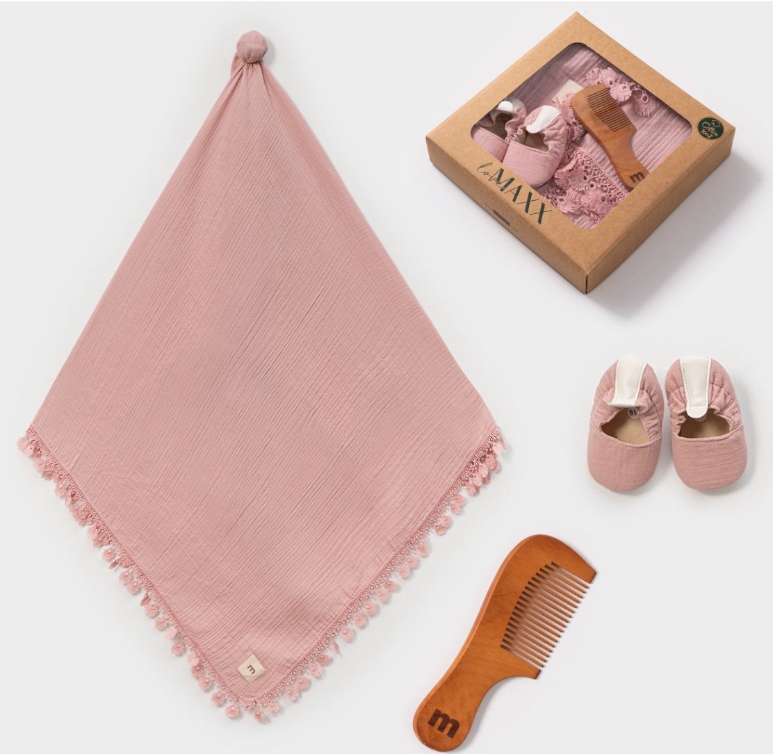 Unisex Müslin Battaniye Tarak Patik Set- Gül Kurusu