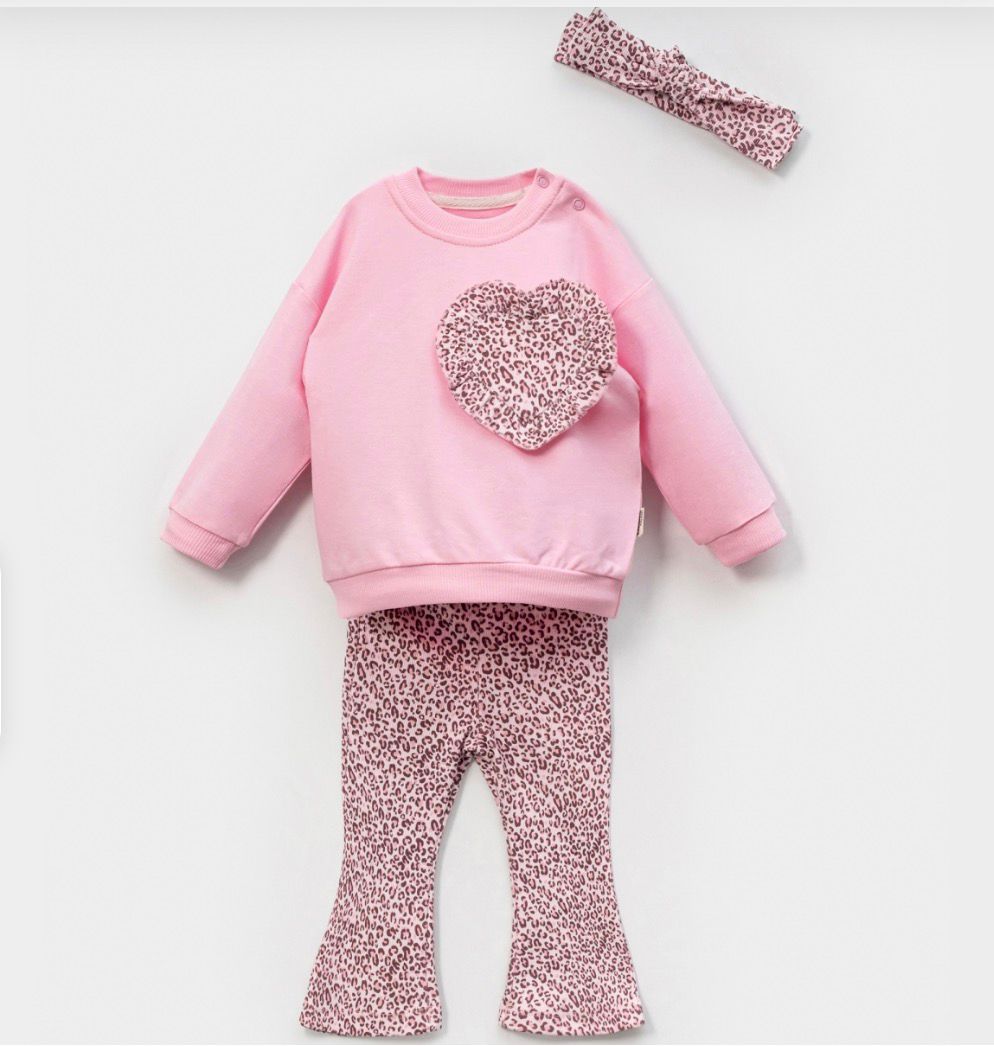 Leopar Desenli Kalp Detaylı Bandanalı 3'lü Takım - Pembe