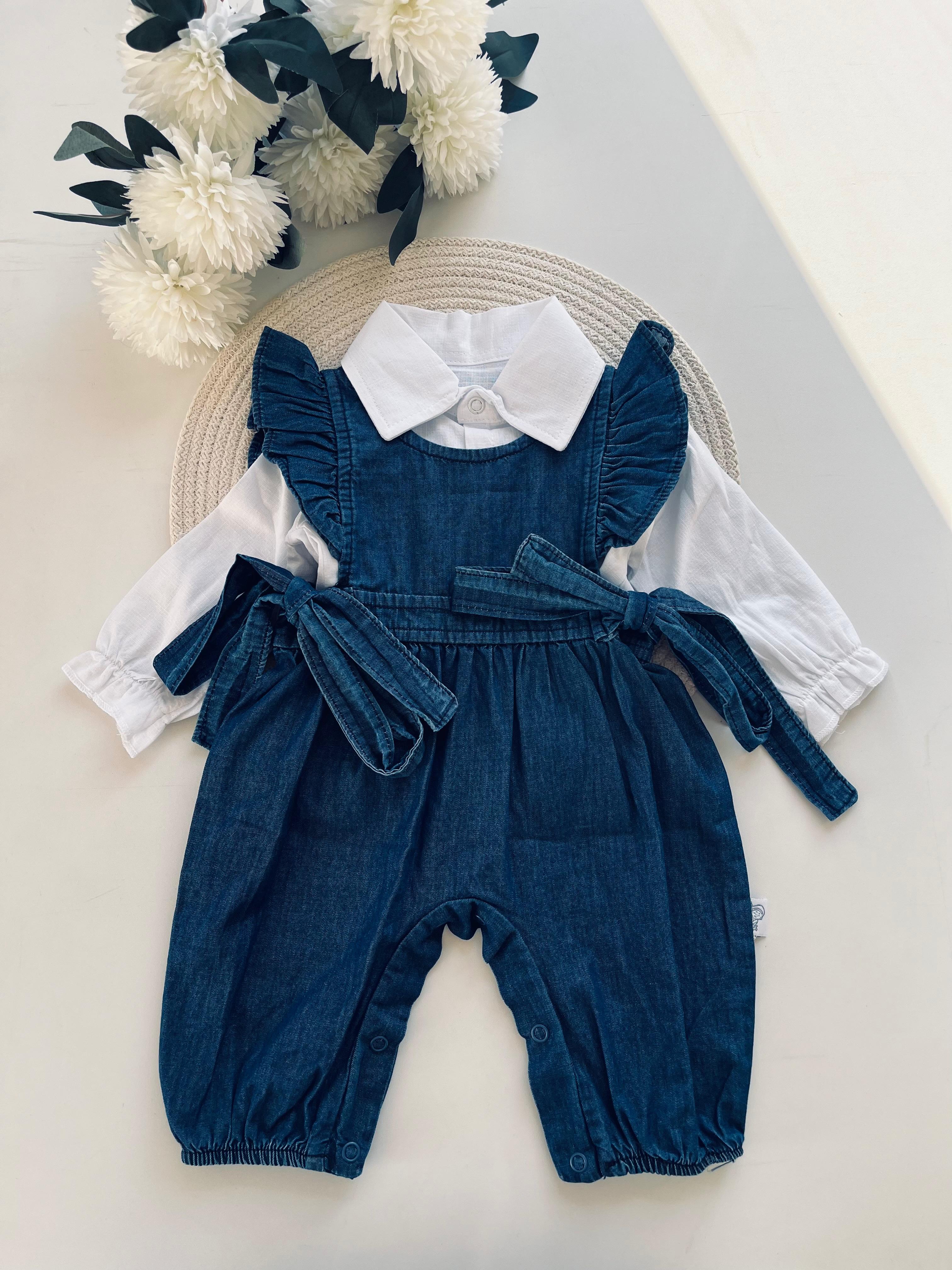 Kız Bebek Fırfır Detaylı Kot Tulum Gömlek 2'li Set