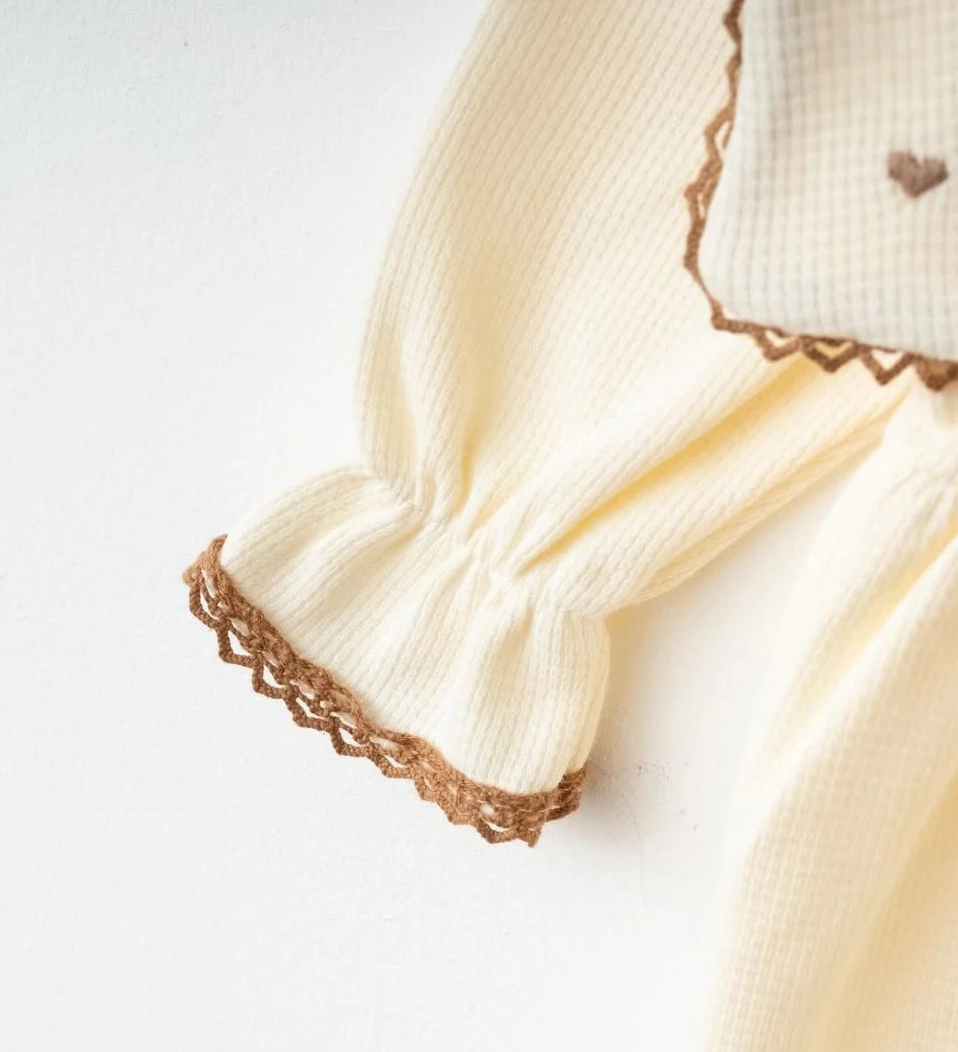 Kız Bebel Kalp Yaka Detaylı Bandanalı Tulum Set - Ekru