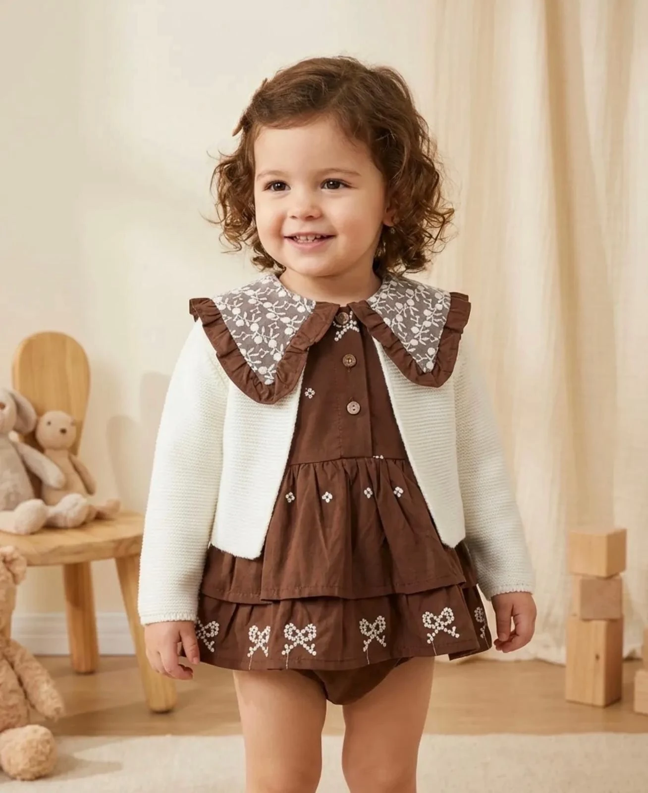 Kız Bebek Pamuklu Pinterest Yaka Detaylı Hırkalı 2'li Romper Set - Kahverengi